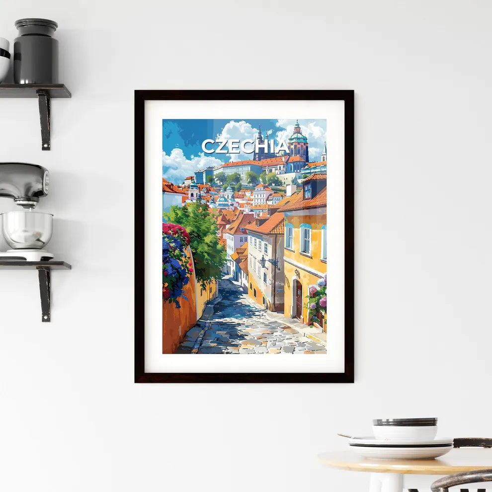 Artistic Cityscape Painting: European Street with Colorful Buildings and Vibrant Flowers Custom Print
