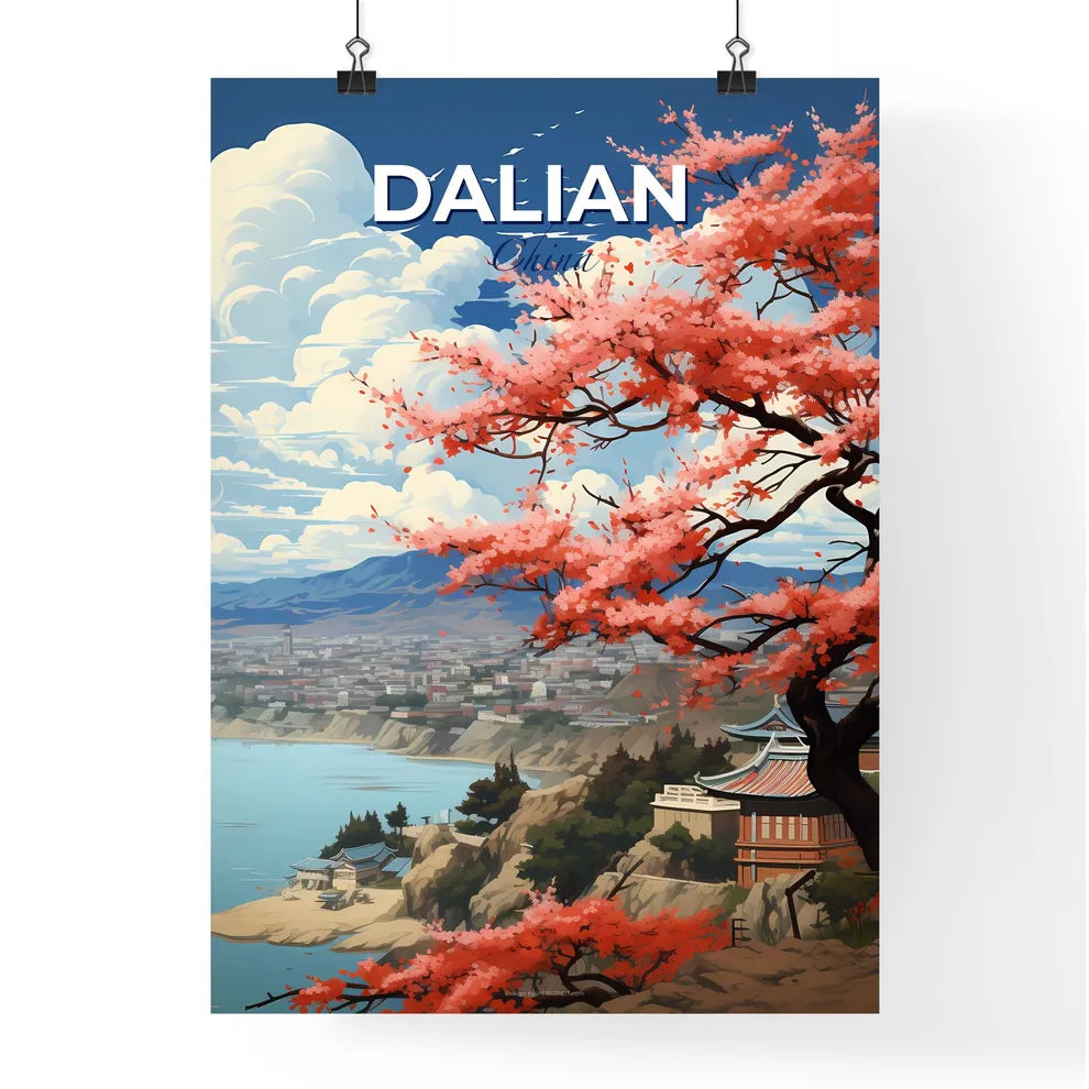 Dalian Cityscape Artistic Painting: Vibrant Skyline with Pink Blossoming Tree on Hillside Overlooking Water Default Title