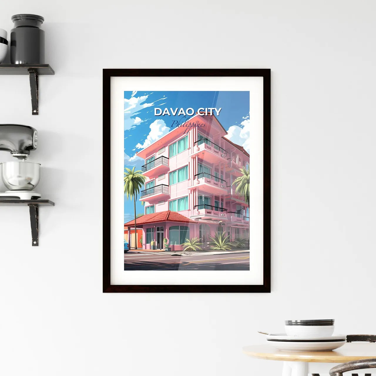 Artistic Pink Building with Palm Trees and Car in Davao City Philippines Skyline Default Title