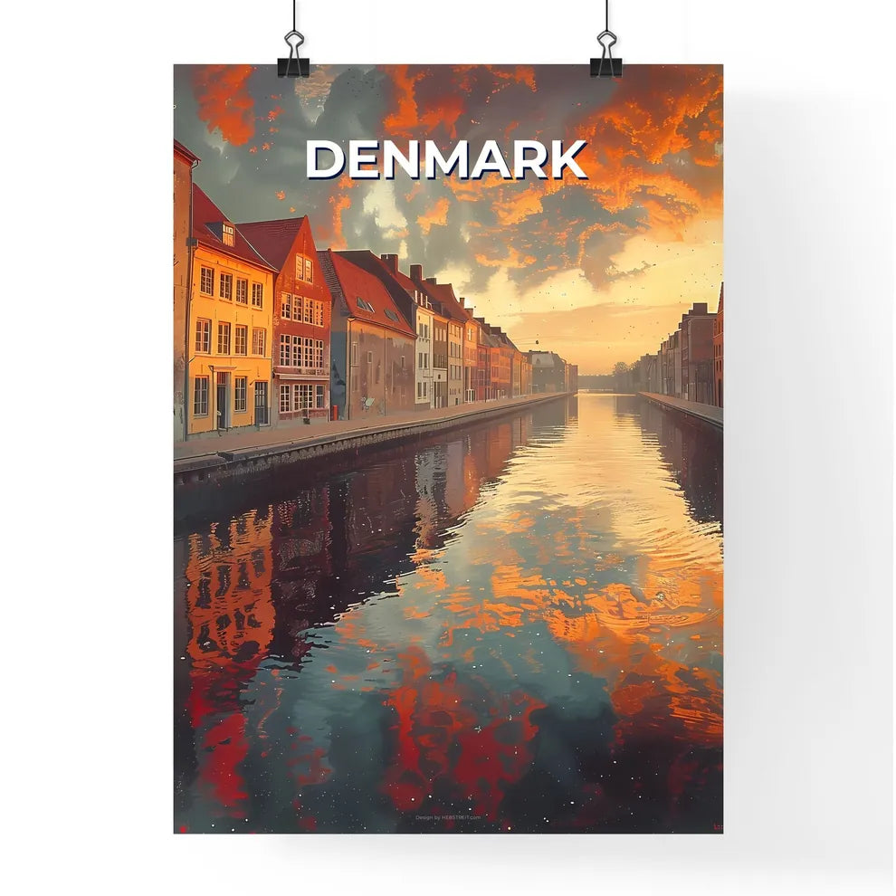 Vibrant Painting of a Danish Canal Featuring Buildings and Clouds in the Sky Poster