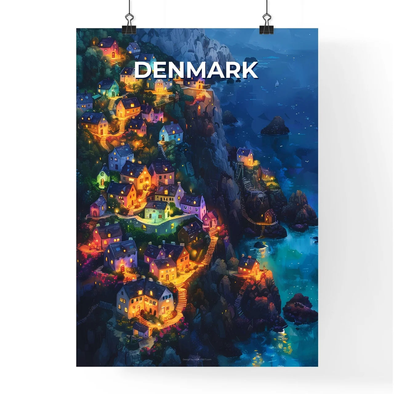 Artistic Denmark: Expressionistic Painting of Luminous Homes on a Cliffside Poster