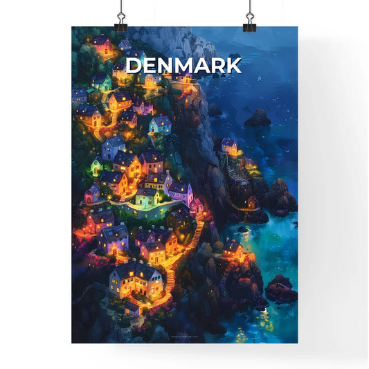 Artistic Denmark: Expressionistic Painting of Luminous Homes on a Cliffside Poster