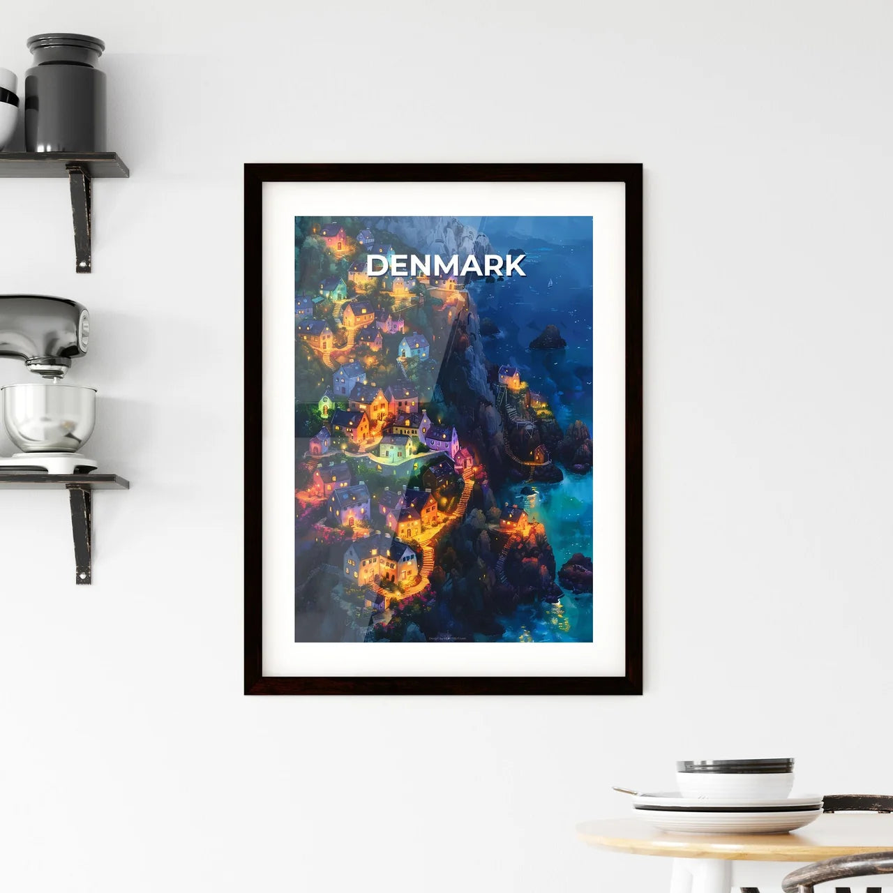 Artistic Denmark: Expressionistic Painting of Luminous Homes on a Cliffside Framed Print