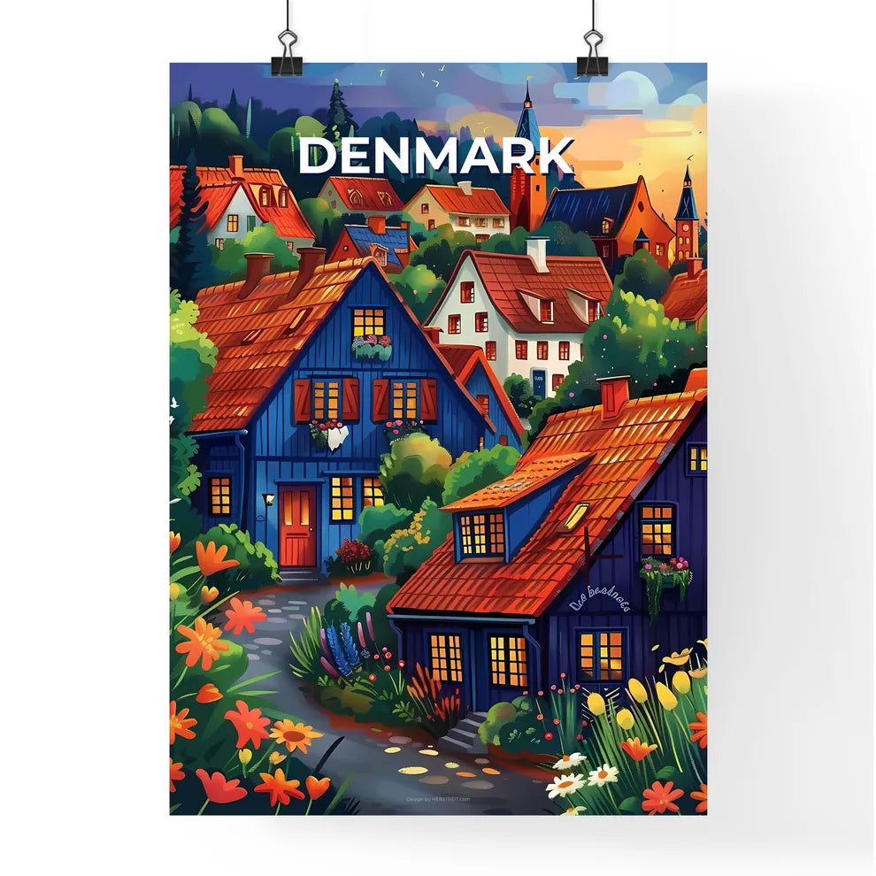 Vibrant Oil Painting: Colorful Danish Landscape with Charming Architecture and Lush Flora Poster