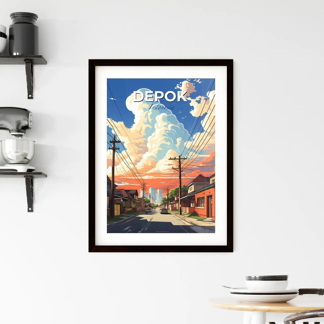 Vibrant Cityscape Painting Depicting Depok Indonesia Skyline with Cars, Power Lines, and Buildings Default Title