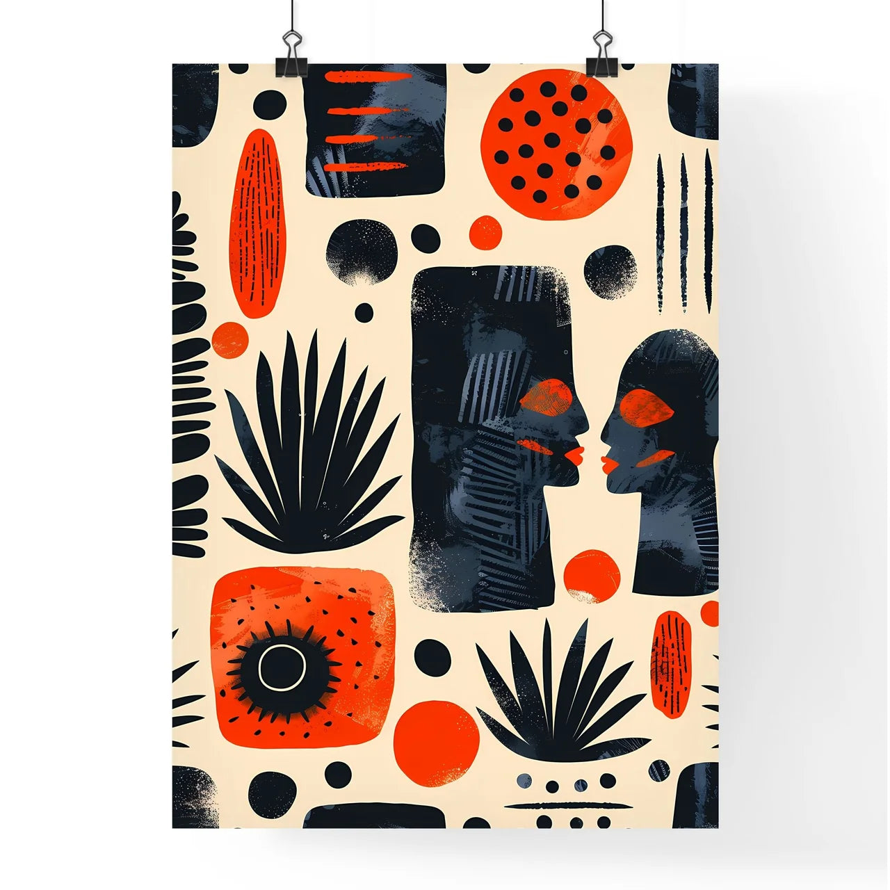 Afrofuturistic tribal pattern in monochrome black and orange Poster