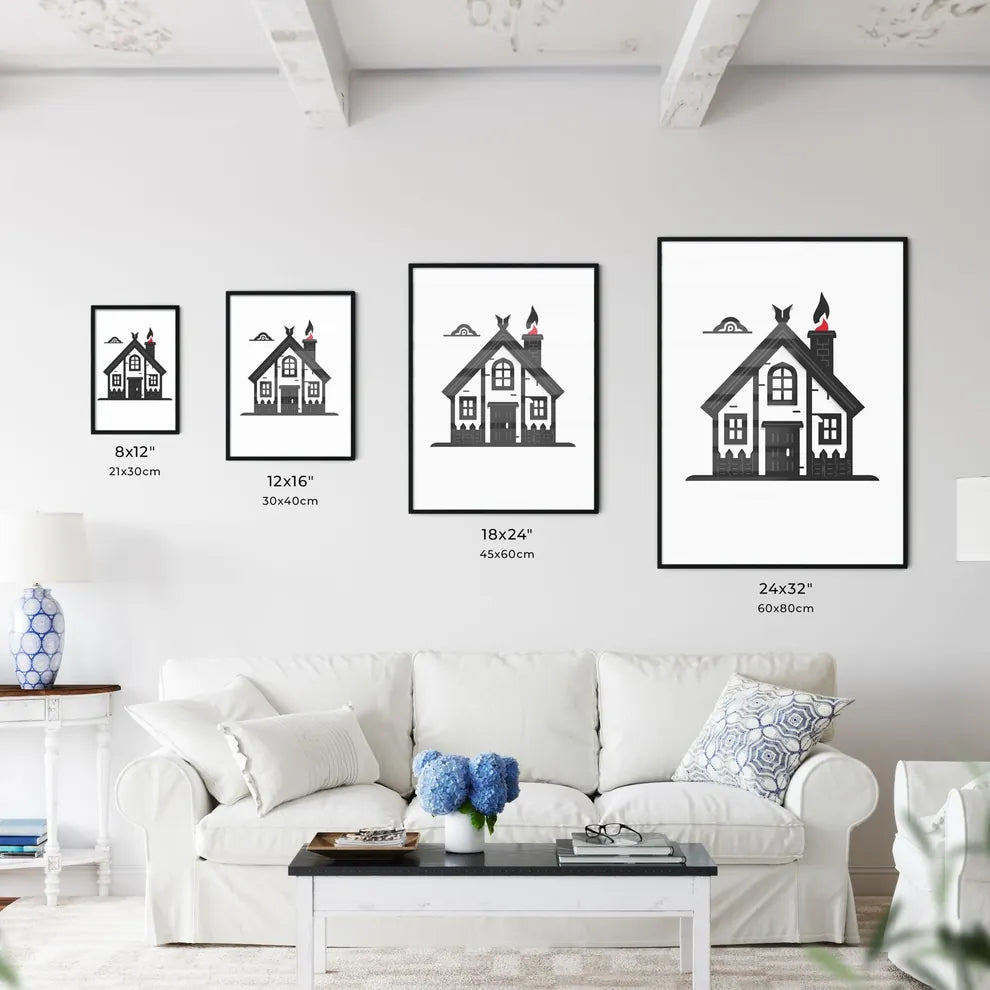 Minimalist Viking House Icon, Black and White, Artistic, 16 Variations, Vibrant Painting Size Chart