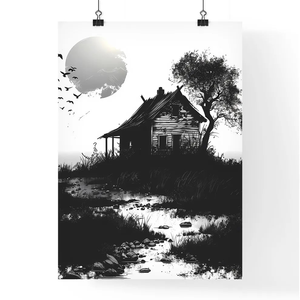 Minimalist Viking house icon in black and white, featuring a vibrant painting-like design with variations on a hill with a tree and birds Poster