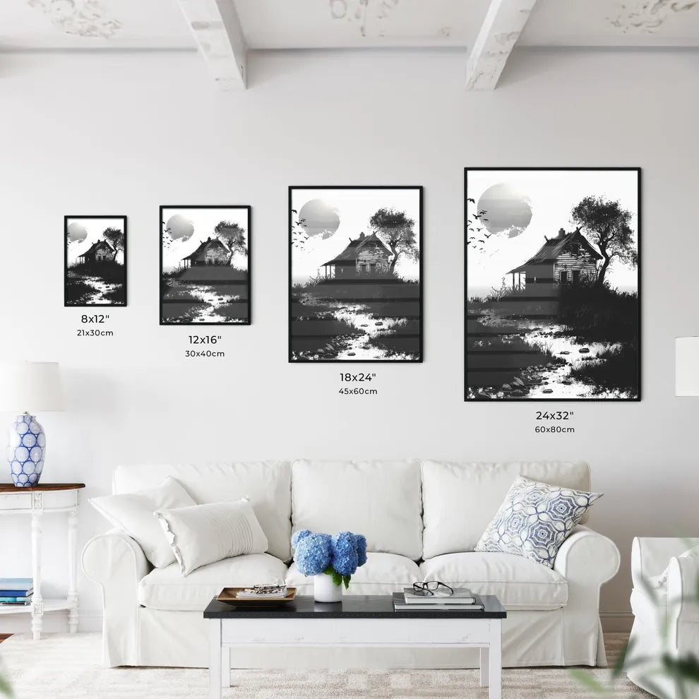 Minimalist Viking house icon in black and white, featuring a vibrant painting-like design with variations on a hill with a tree and birds Size Chart