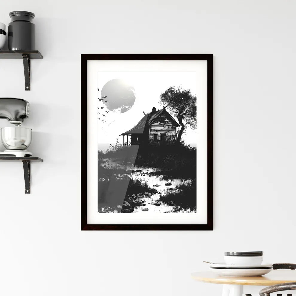 Minimalist Viking house icon in black and white, featuring a vibrant painting-like design with variations on a hill with a tree and birds Custom Print