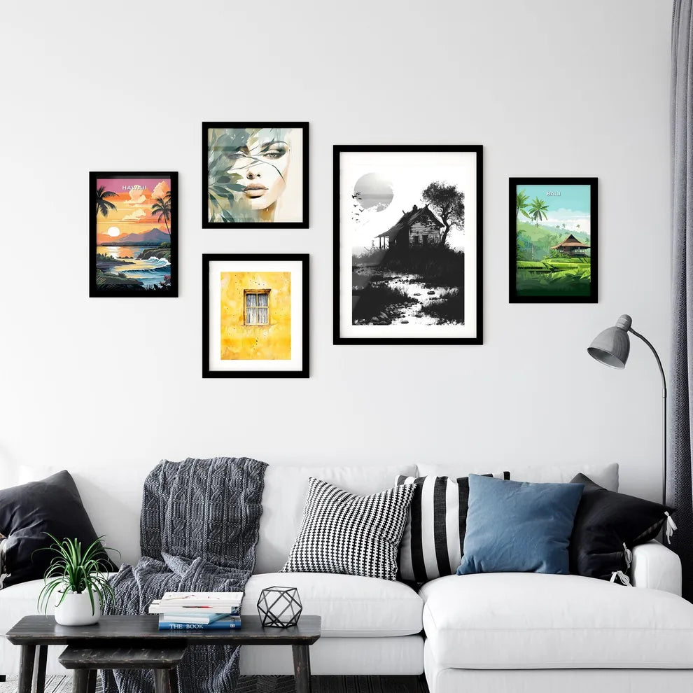 Minimalist Viking house icon in black and white, featuring a vibrant painting-like design with variations on a hill with a tree and birds Interior Design