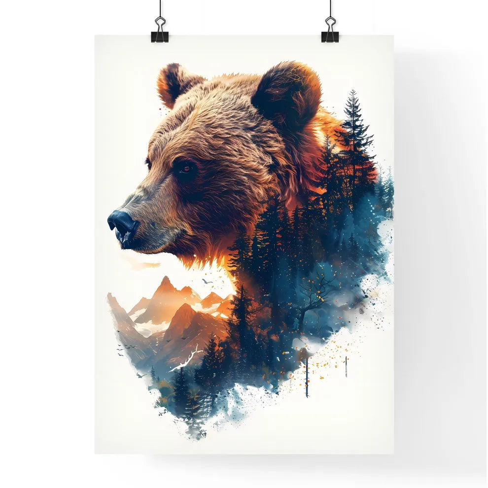 Expressive Double Exposure Landscape Painting: Majestic Brown Bear Poster