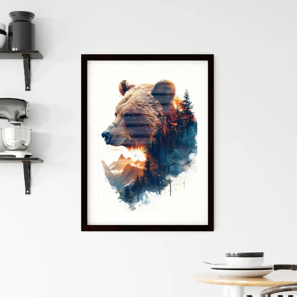 Expressive Double Exposure Landscape Painting: Majestic Brown Bear Framed Print