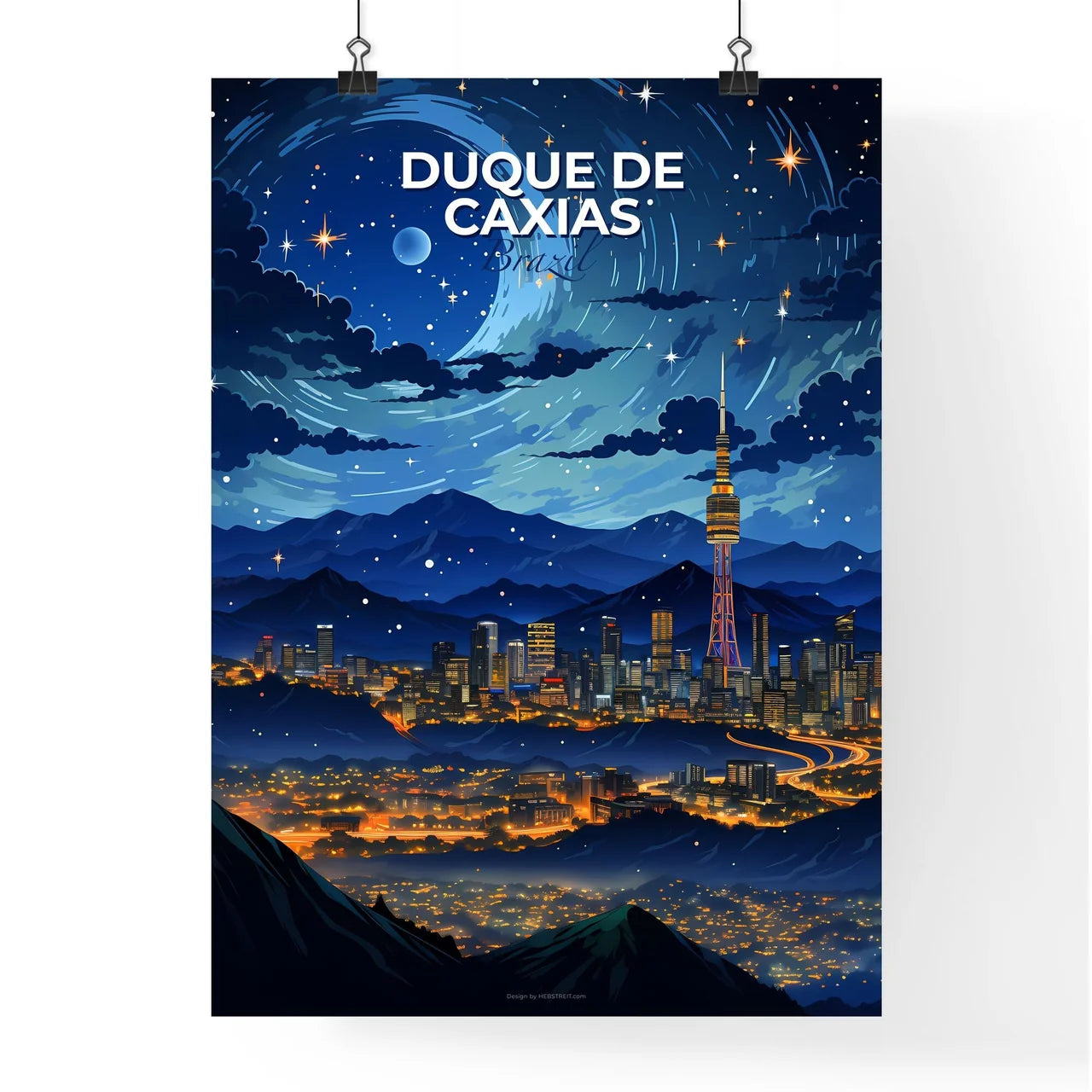 Artistic Cityscape Painting, Duque de Caxias Brazil Skyline, Mountain Range, Night Sky, Vibrant Colors Default Title