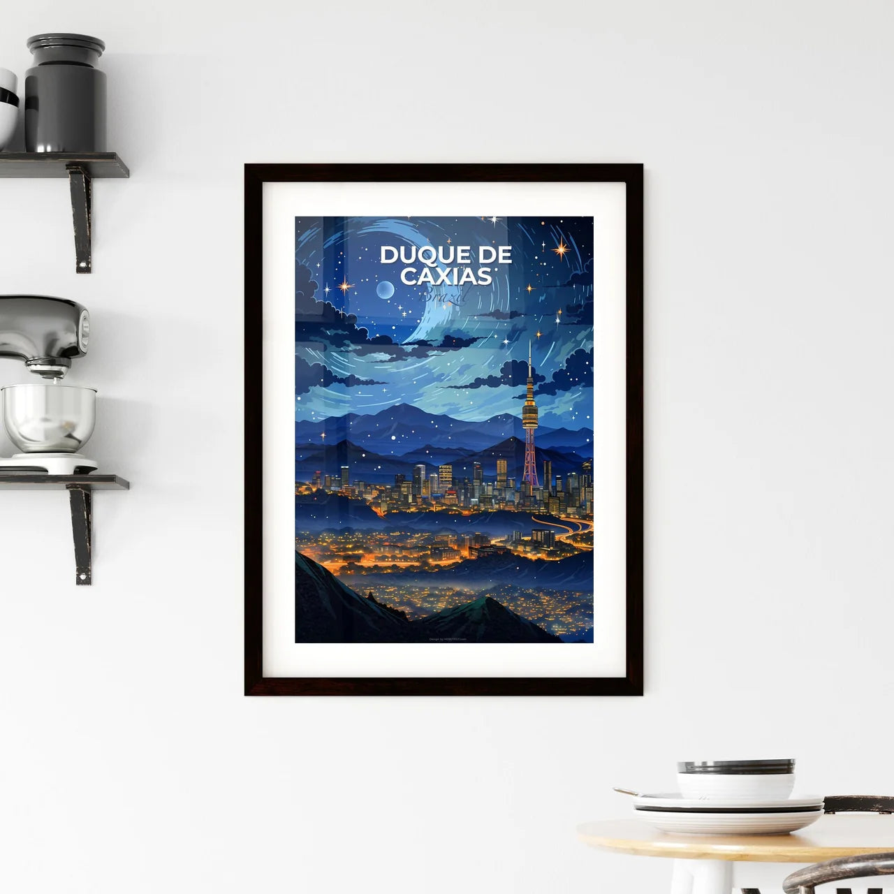 Artistic Cityscape Painting, Duque de Caxias Brazil Skyline, Mountain Range, Night Sky, Vibrant Colors Default Title