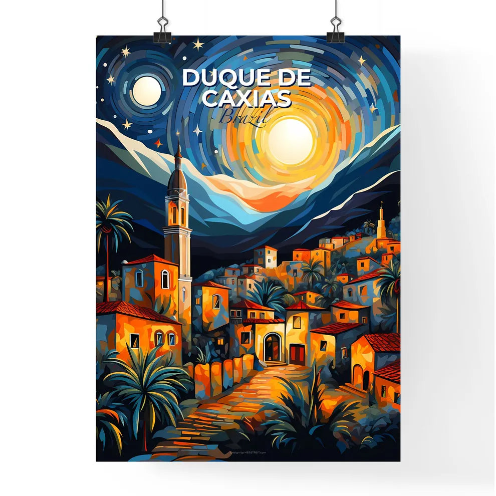 Colorful Painting Depicts Town Skyline with Palm Trees and Mountains in Duque de Caxias Brazil Default Title