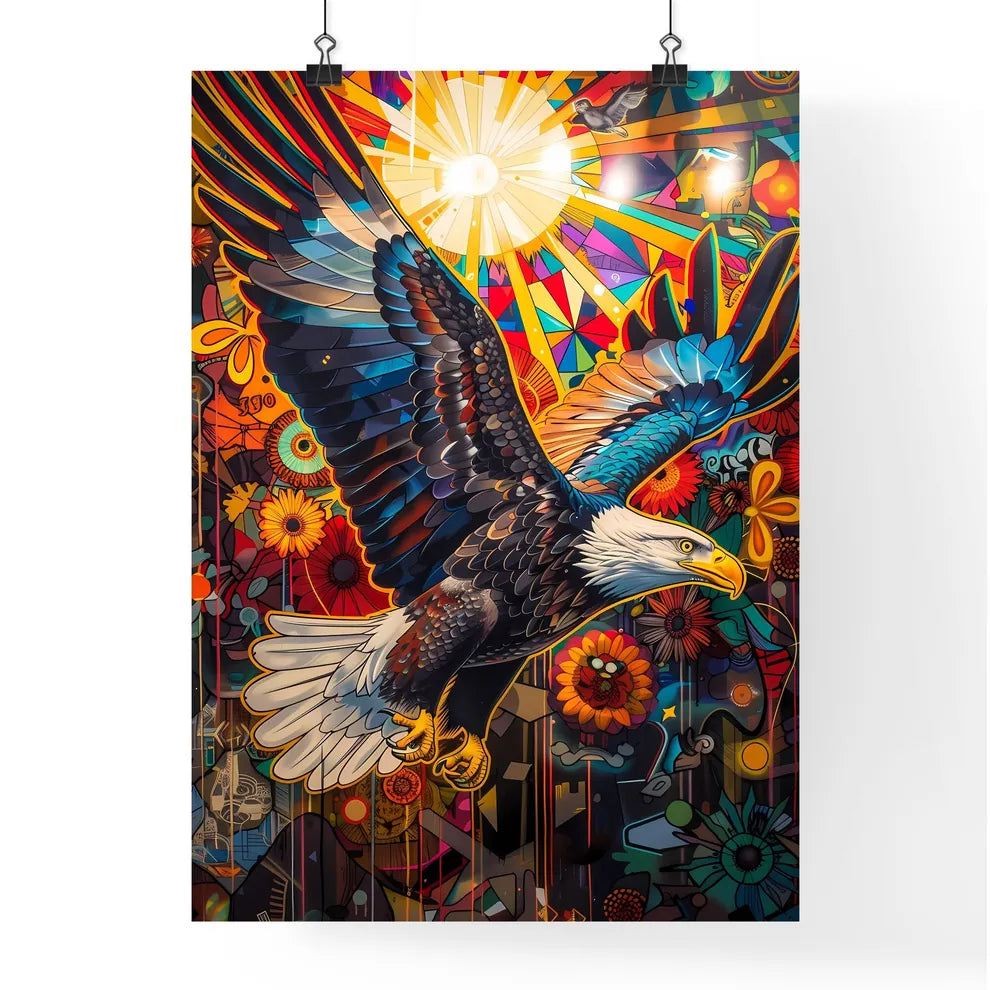 Psychedelic Eagle Soaring Amidst Vibrant Pop Art Landscape Poster