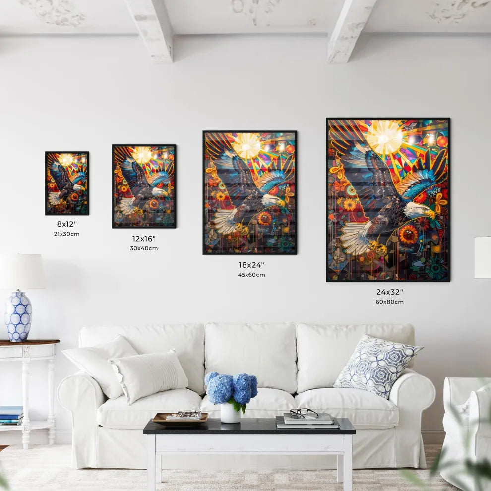 Psychedelic Eagle Soaring Amidst Vibrant Pop Art Landscape Size Chart