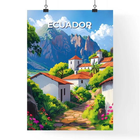 Vibrant Ecuadorian Landscape Painting: Colorful Village Nestled Amidst Mountains and Lush Greenery Poster