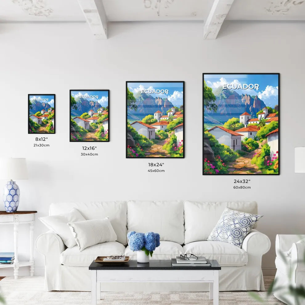 Vibrant Ecuadorian Landscape Painting: Colorful Village Nestled Amidst Mountains and Lush Greenery Size Chart