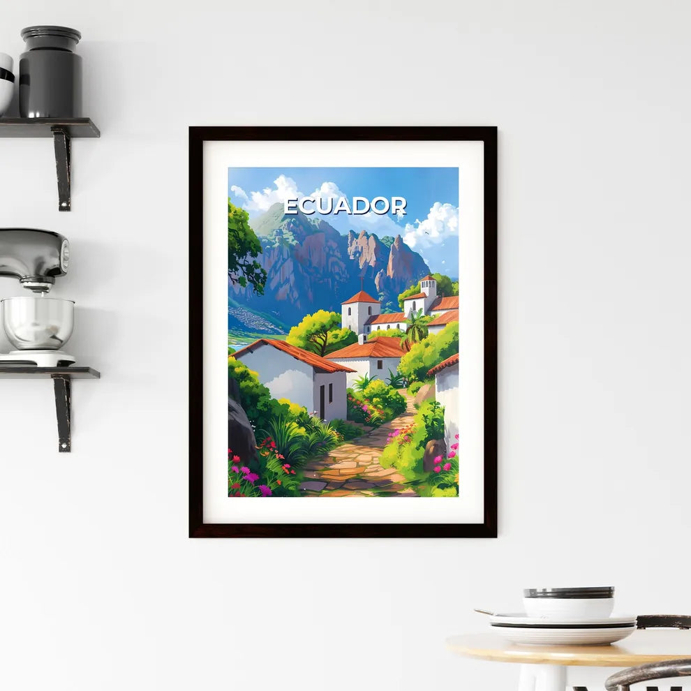 Vibrant Ecuadorian Landscape Painting: Colorful Village Nestled Amidst Mountains and Lush Greenery Custom Print