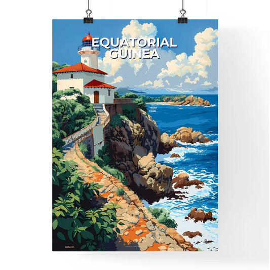Colorful African Art Painting: Lighthouse on Cliff by Ocean, Equatorial Guinea Poster