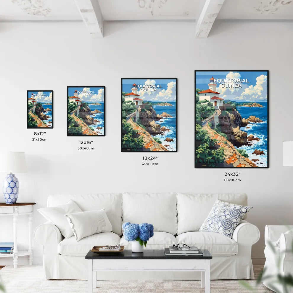 Colorful African Art Painting: Lighthouse on Cliff by Ocean, Equatorial Guinea Size Chart