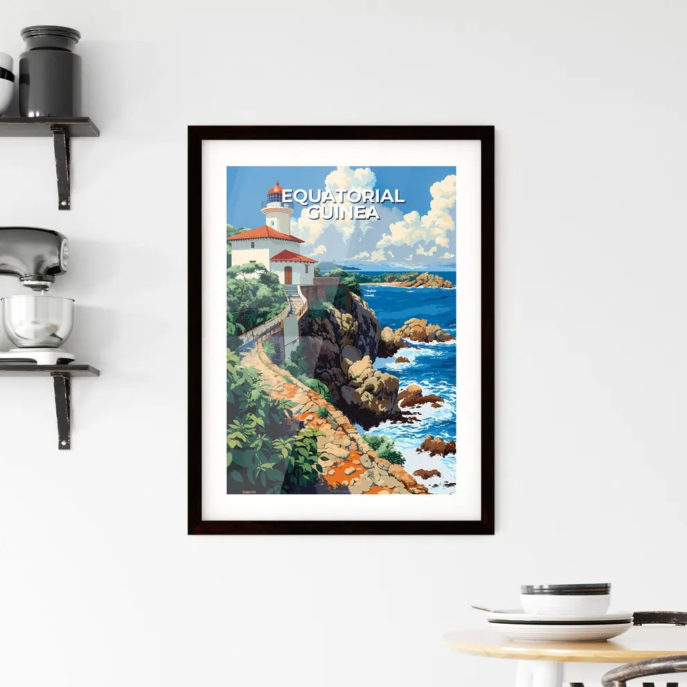 Colorful African Art Painting: Lighthouse on Cliff by Ocean, Equatorial Guinea Custom Print