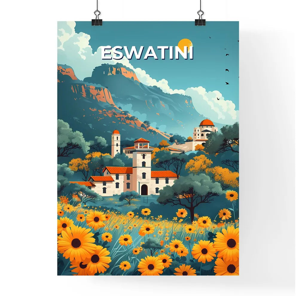 Vibrant Eswatini Landscape Painting with Building and Flowers Poster
