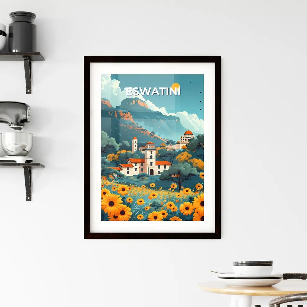 Vibrant Eswatini Landscape Painting with Building and Flowers Custom Print