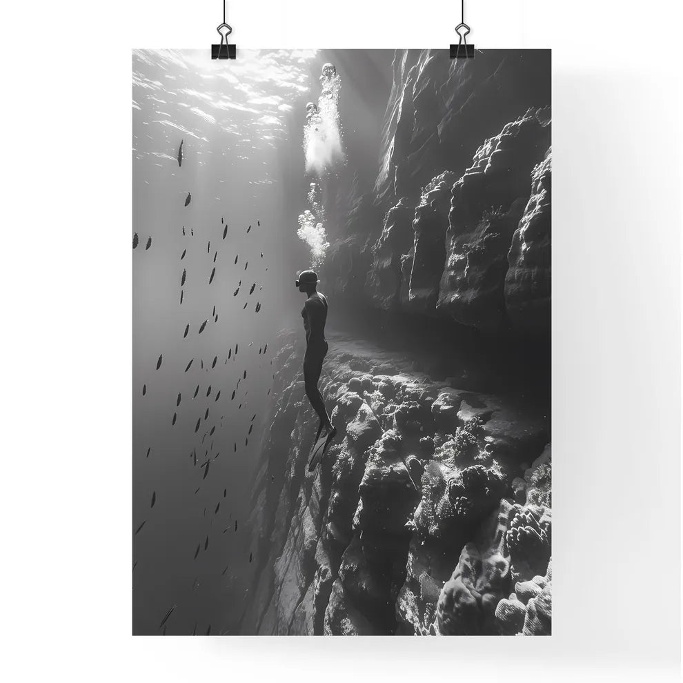 Artistic underwater painting portrait of a free diver in vibrant colors Poster