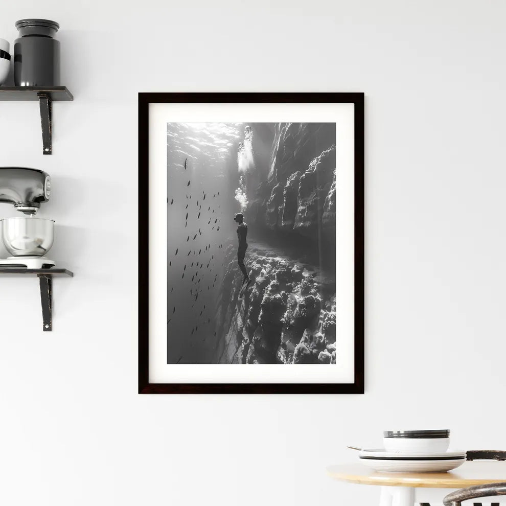 Artistic underwater painting portrait of a free diver in vibrant colors Framed Print