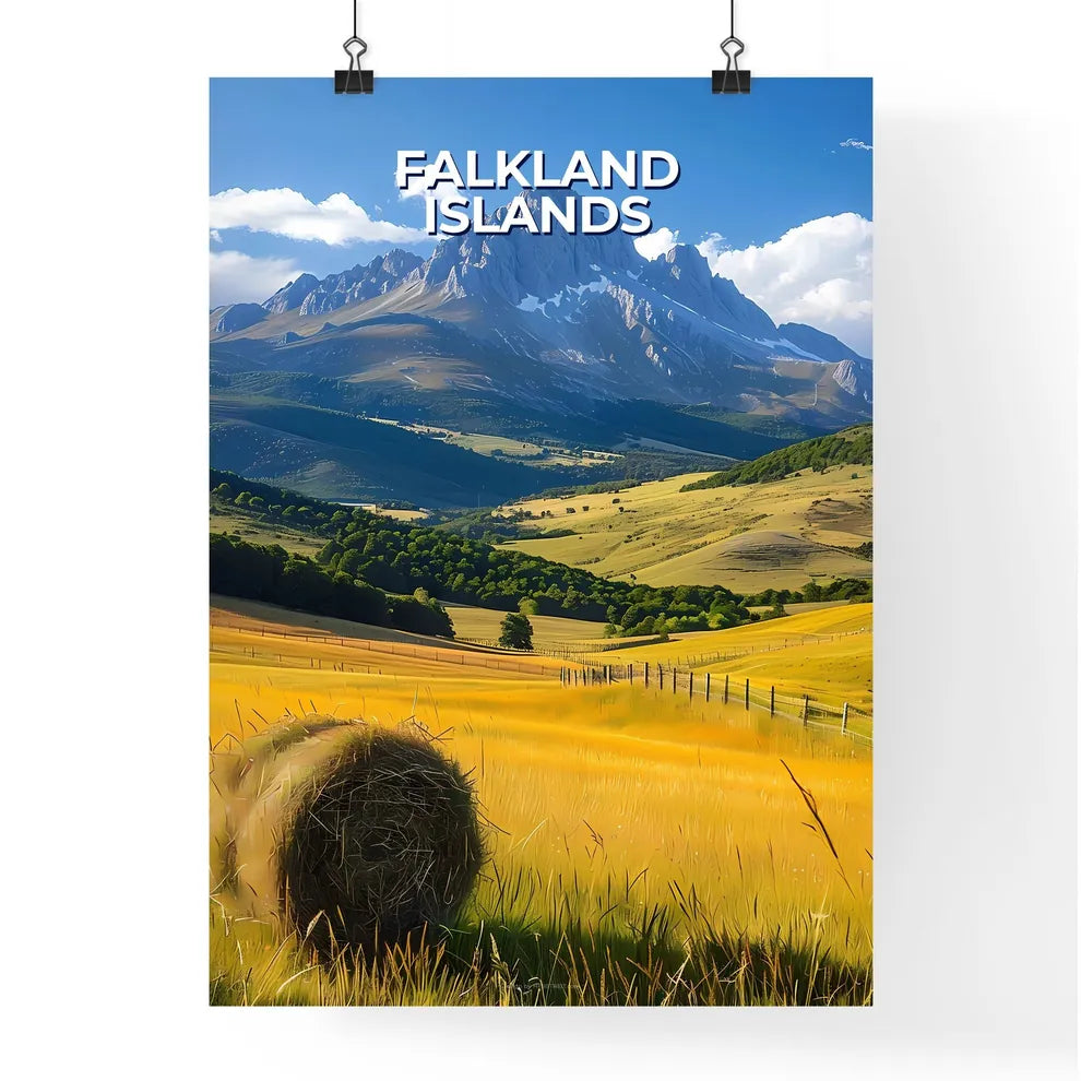 Vibrant Painting of a Hayfield with Mountain Poster