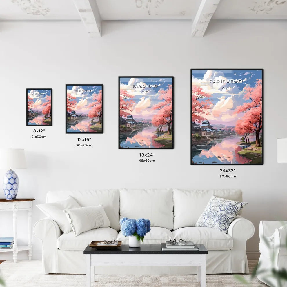 Vibrant Riverbank Skyline Landscape with Pink Trees and City Buildings Default Title