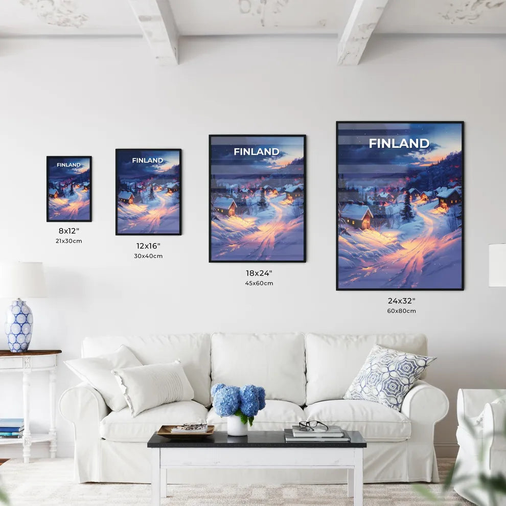Snowy Village Winter Art Painting Europe Finland Houses Trees Artwork Nature Landscape Size Chart