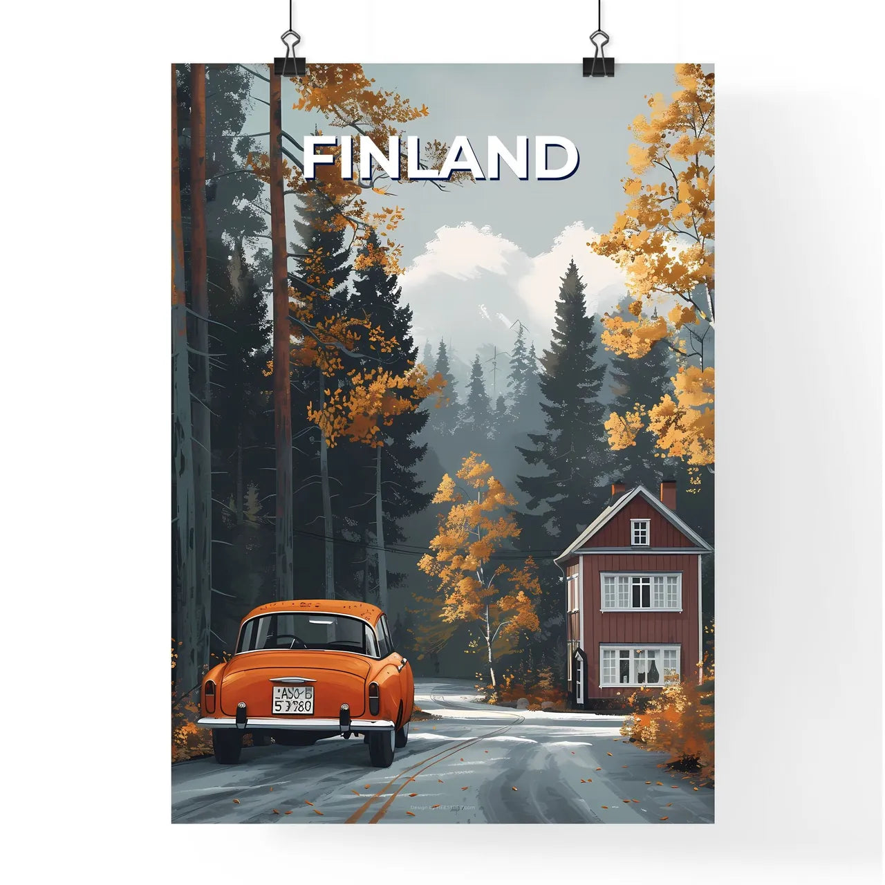 Finland, Europe – Artistic Depiction of a Car on the Road: Vibrant Painting with Focus on Art Poster
