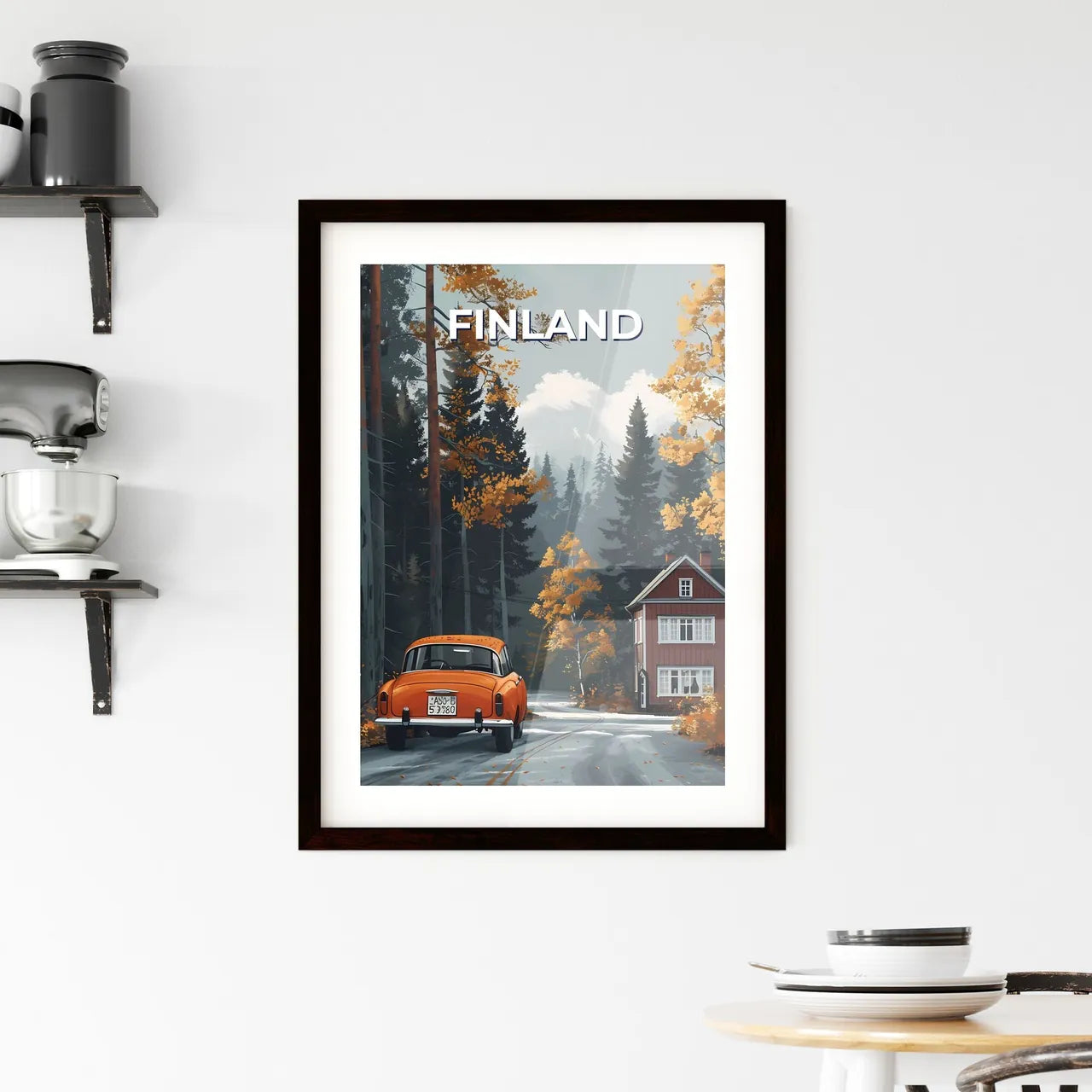 Finland, Europe – Artistic Depiction of a Car on the Road: Vibrant Painting with Focus on Art Custom Print