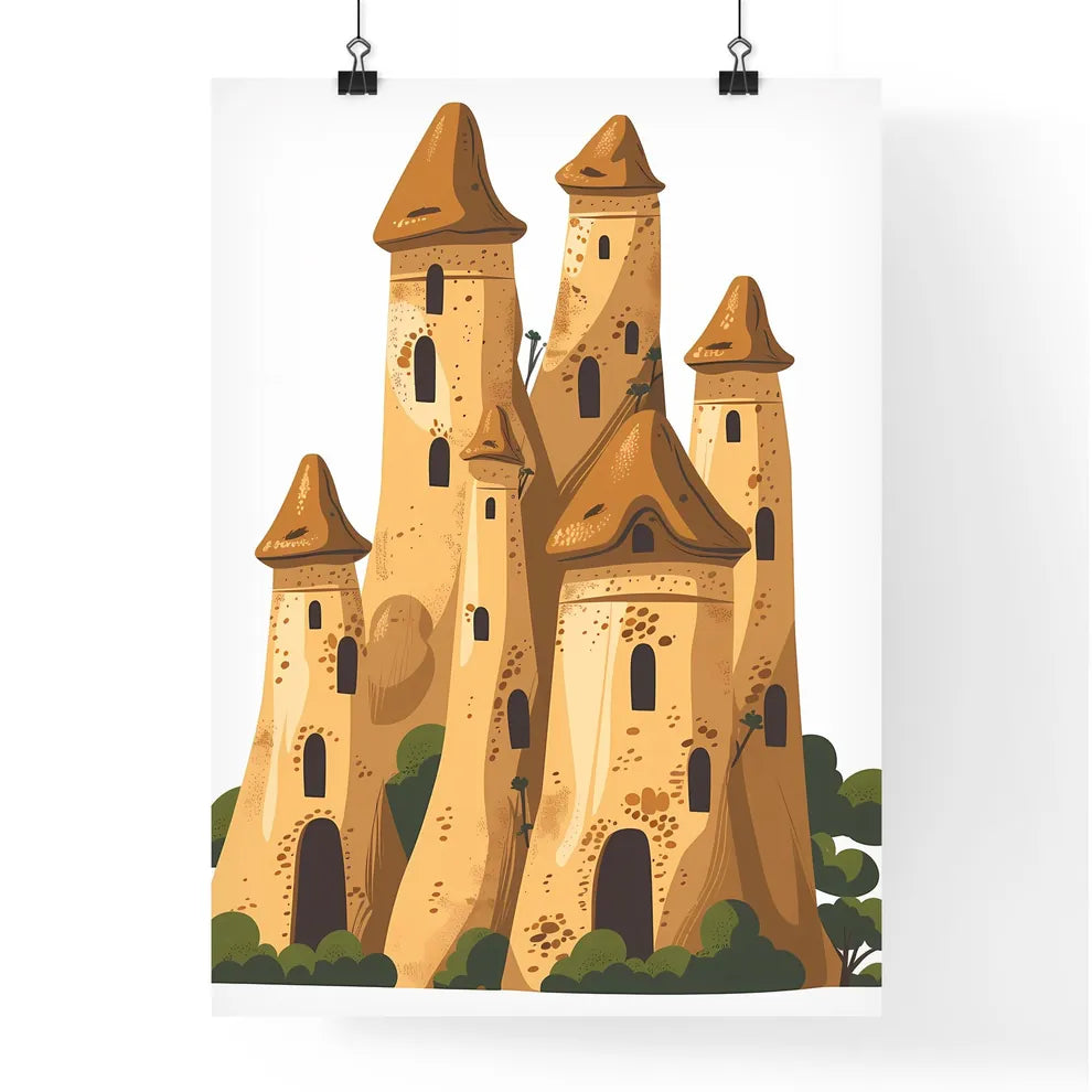 Flat Illustration of Majestic Fairy Chimneys of Cappadocia From Upward Angle As Transparent Web-Ready Cartoon Castle Art Poster