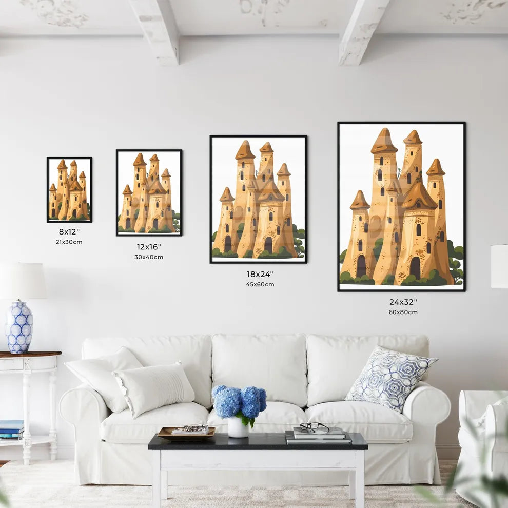 Flat Illustration of Majestic Fairy Chimneys of Cappadocia From Upward Angle As Transparent Web-Ready Cartoon Castle Art Size Chart