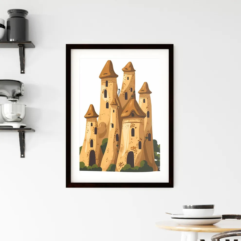 Flat Illustration of Majestic Fairy Chimneys of Cappadocia From Upward Angle As Transparent Web-Ready Cartoon Castle Art Custom Print