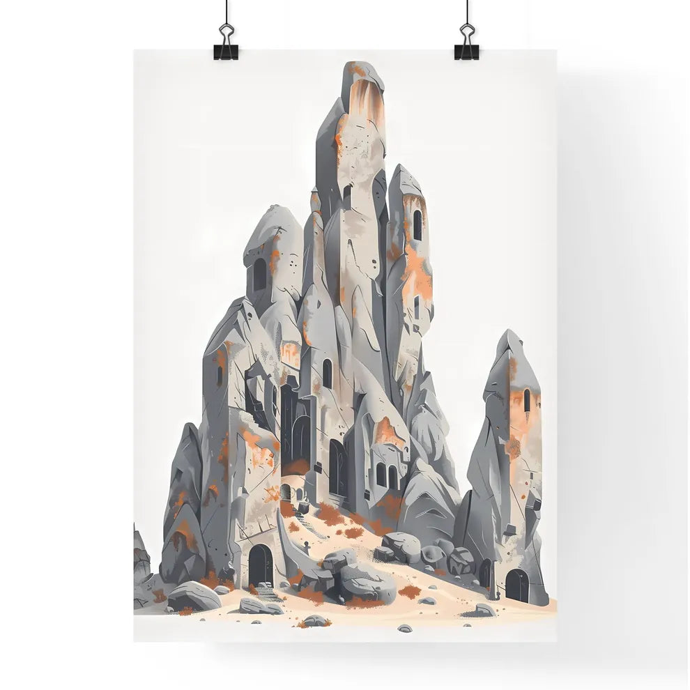 Majestic Fairy Chimneys of Cappadocia: Vibrant Painting of Ascending Rock Landmark with Windows Poster