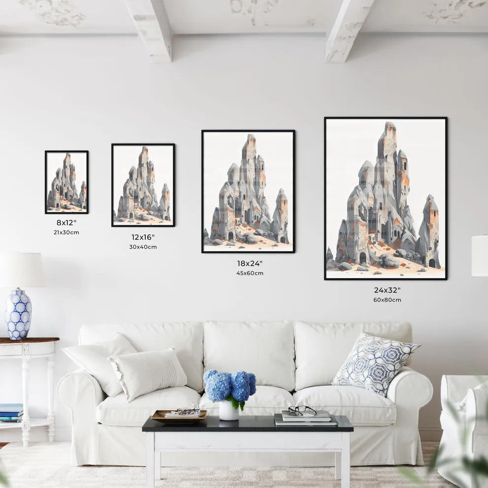 Majestic Fairy Chimneys of Cappadocia: Vibrant Painting of Ascending Rock Landmark with Windows Size Chart