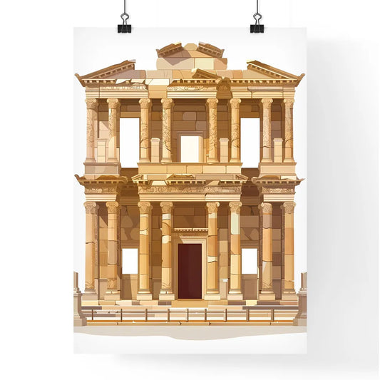 Upward-facing, majestic, transparent library of celsus in ephesus, vibrant, painterly building with columns, web-ready artwork Poster