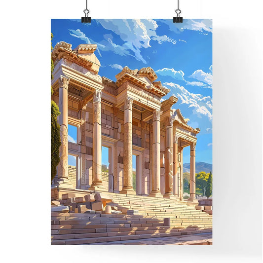 Flat style depiction of the historical library of Celsus in Ephesus, an iconic stone building with columns and steps, showcasing its architectural grandeur and artistic appeal Poster