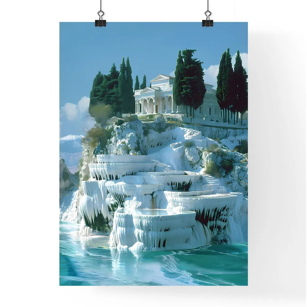 Majestic Travertine Landscape of Pamukkale with Hierapolis, Digital Painting, Building on Cliff, Trees, Transparent, Web Ready Poster