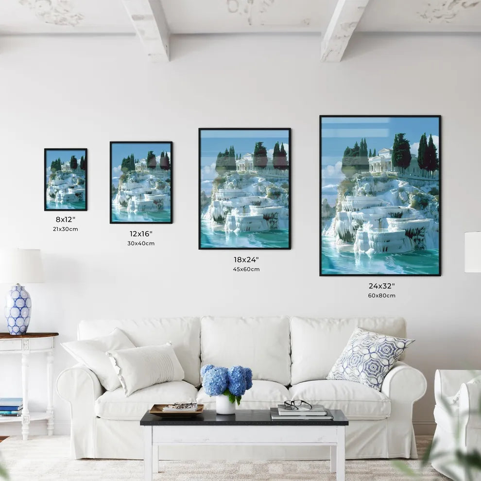 Majestic Travertine Landscape of Pamukkale with Hierapolis, Digital Painting, Building on Cliff, Trees, Transparent, Web Ready Size Chart