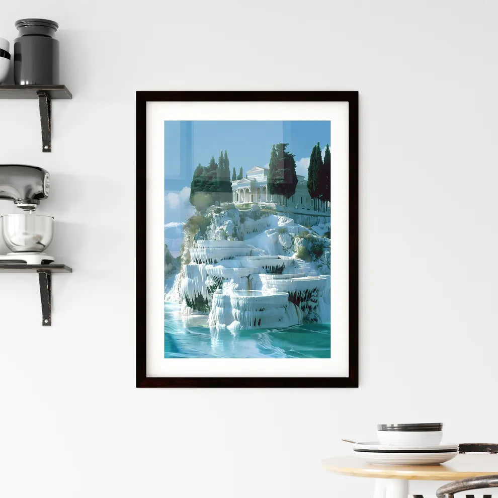 Majestic Travertine Landscape of Pamukkale with Hierapolis, Digital Painting, Building on Cliff, Trees, Transparent, Web Ready Custom Print