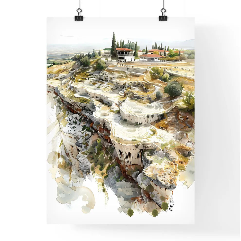 Tranquil Side-Angle Perspective of Pamukkale's Travertines with Hierapolis in Background, Painting-Inspired Illustration for Web Poster