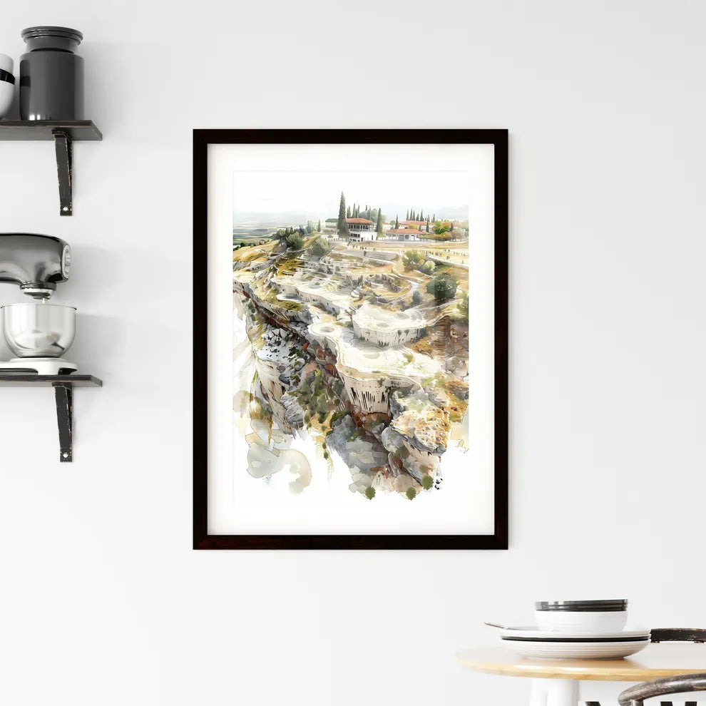 Tranquil Side-Angle Perspective of Pamukkale's Travertines with Hierapolis in Background, Painting-Inspired Illustration for Web Custom Print