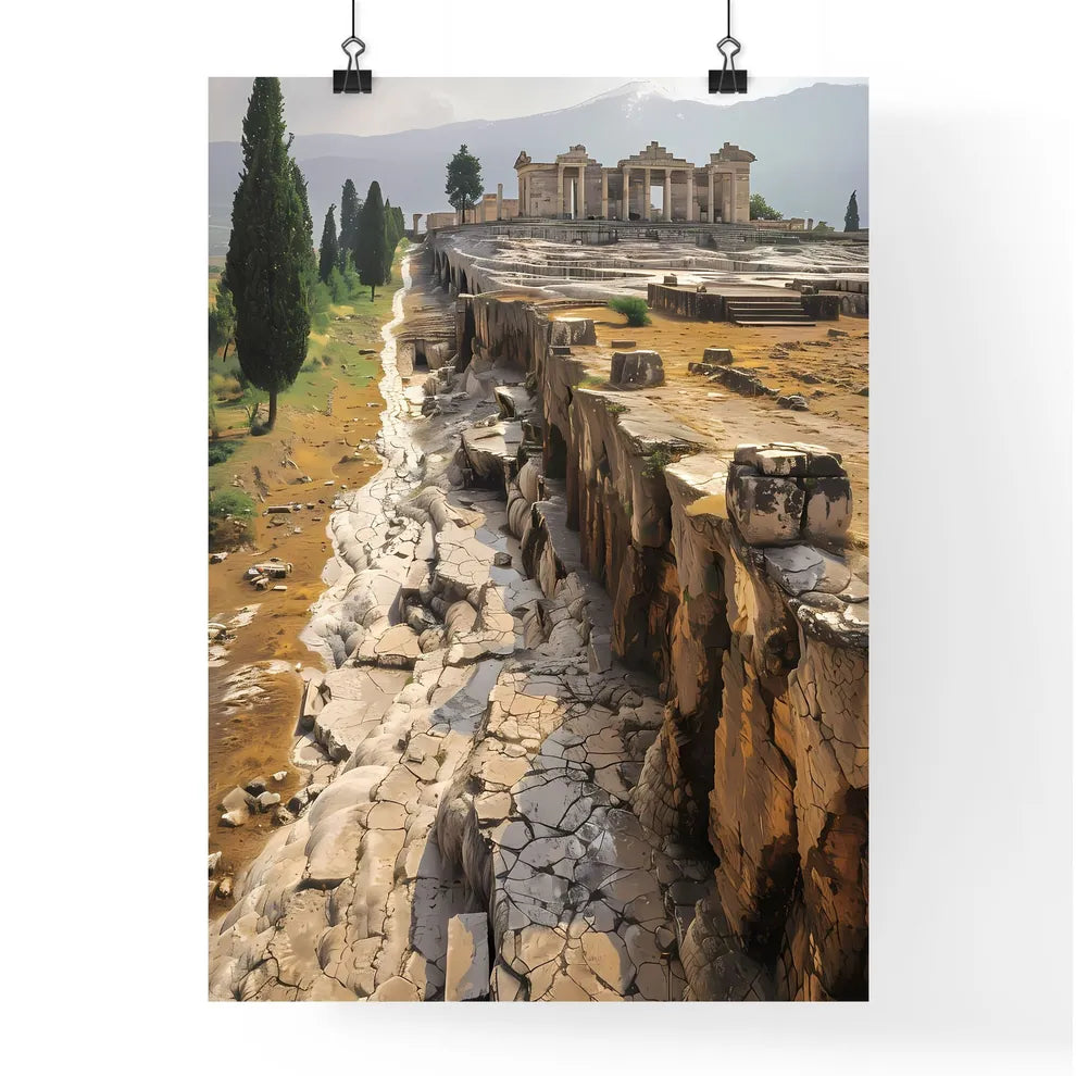 Flat illustration side view majestic Pamukkale travertines landmark Hierapolis rocky cliff columns tree painting art vibrant Poster